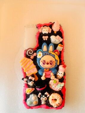Kawaii charm labubu Character Decoden Phone Case in Pink & Black